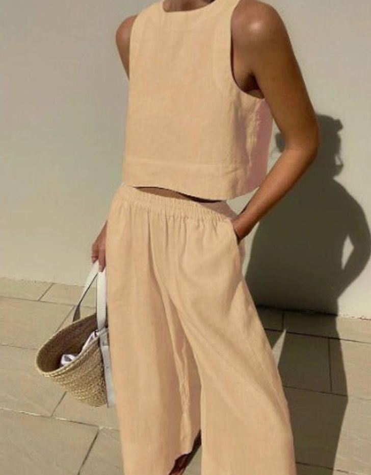 Women's Linen Two-Piece Set Sleeveless Crop Top Wide-Leg Trousers