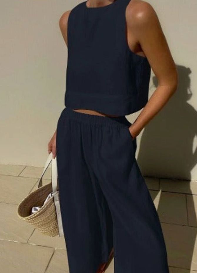 Women's Linen Two-Piece Set Sleeveless Crop Top Wide-Leg Trousers - Navy Blue