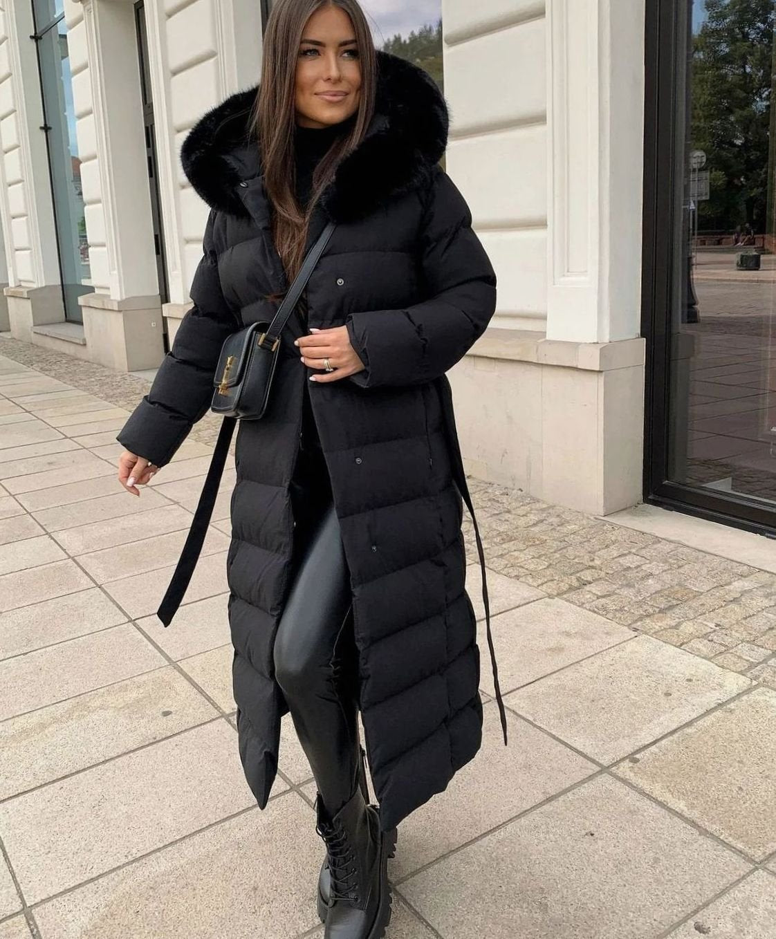 Women's Long Belted Fur-Hood Puffer Coats Maxi Winter Quilted