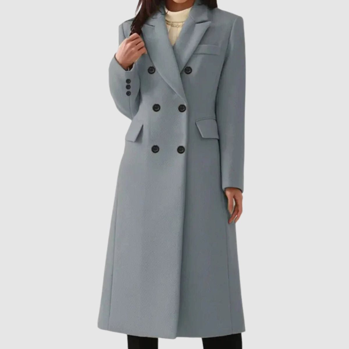 Women's Long Double-Breasted Tailored Wool Coat - Grey