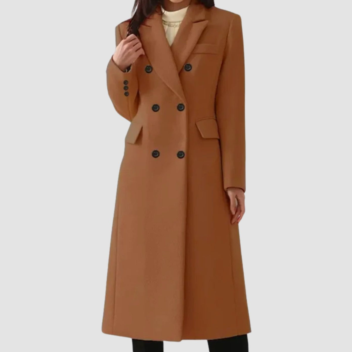 Women's Long Double-Breasted Tailored Wool Coat - Dark Brown