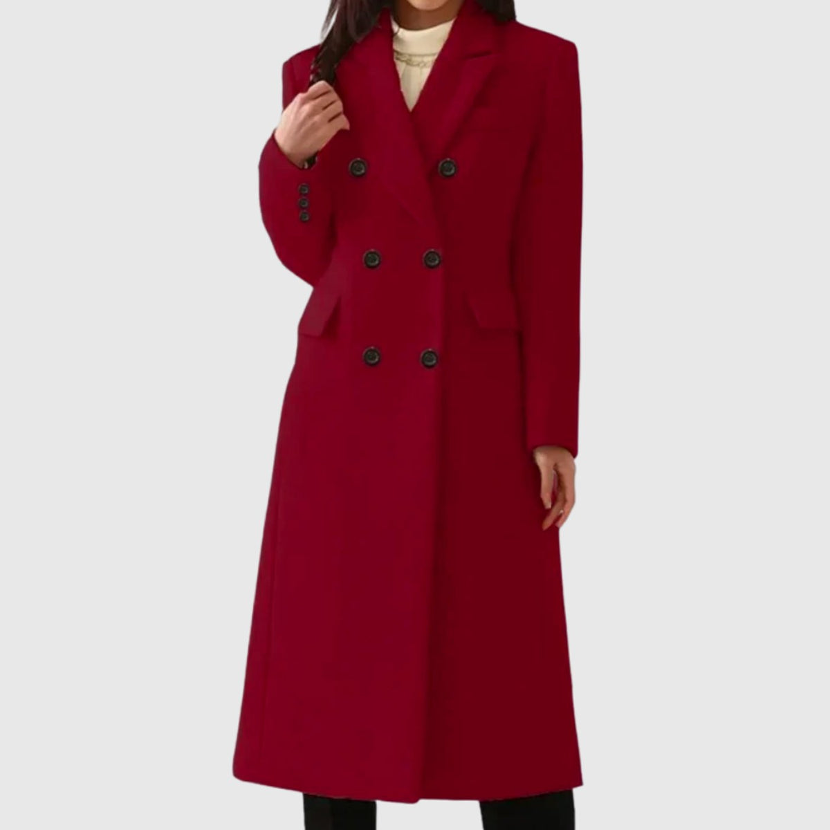 Women's Long Double-Breasted Tailored Wool Coat - Red
