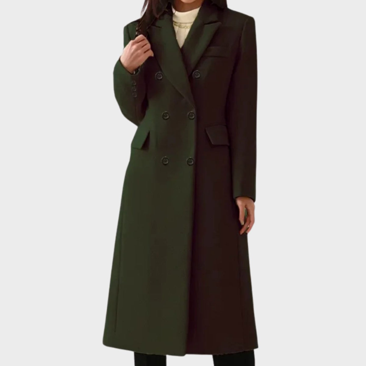 Women's Long Double-Breasted Tailored Wool Coat - Dark Green