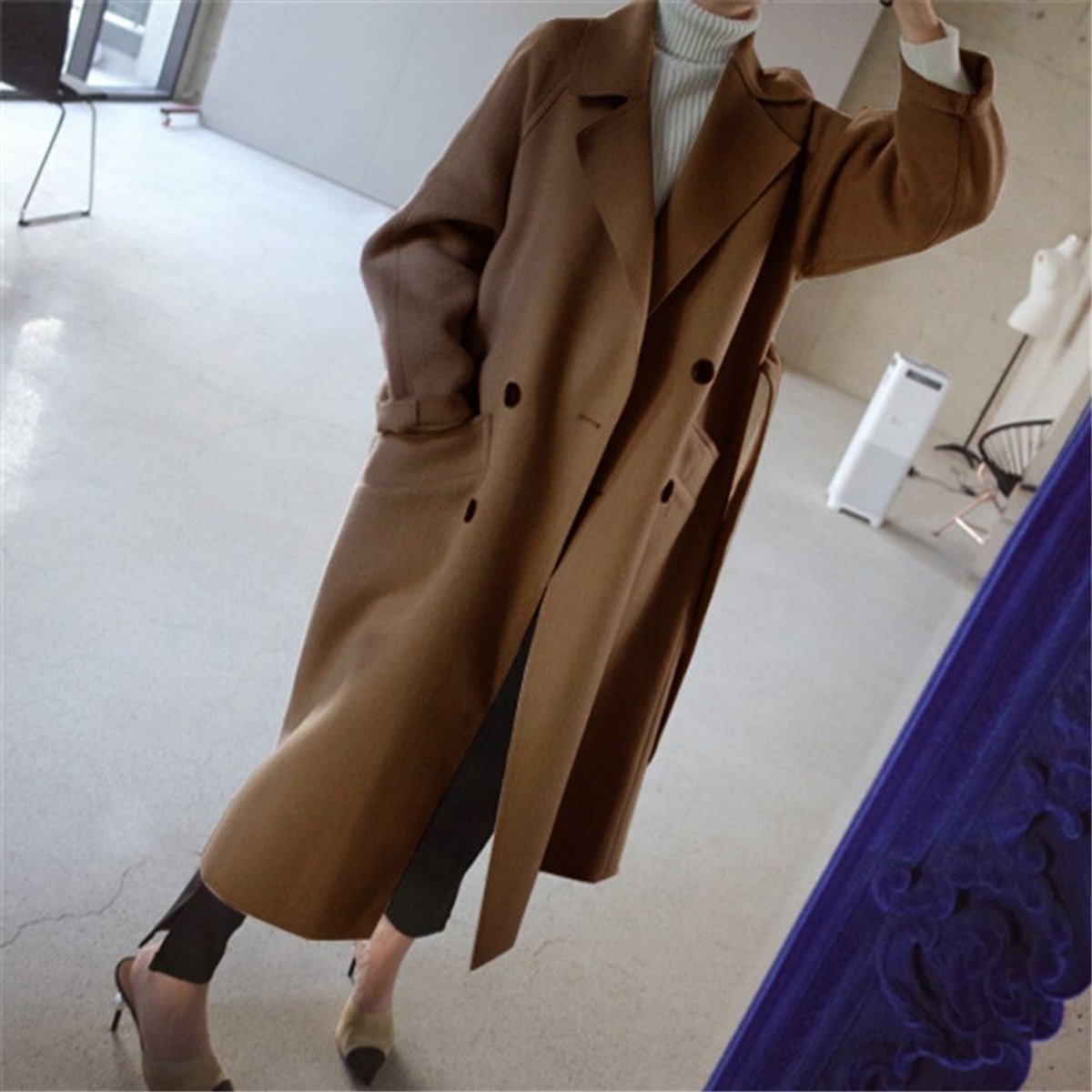 Women's Long Double-Breasted Wool-Blend Oversized Coat