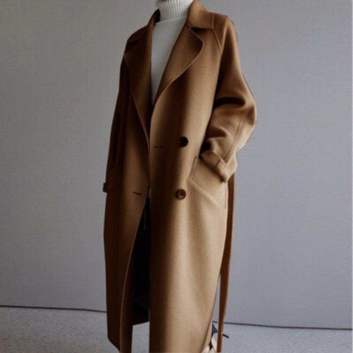 Women's Long Double-Breasted Wool-Blend Oversized Coat - Caramel