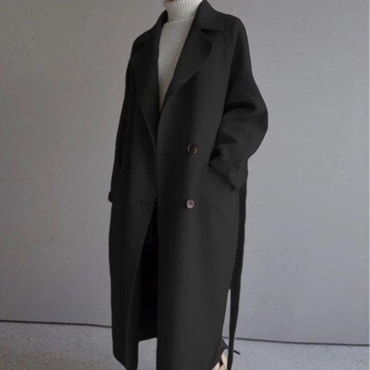 Women's Long Double-Breasted Wool-Blend Oversized Coat - Black