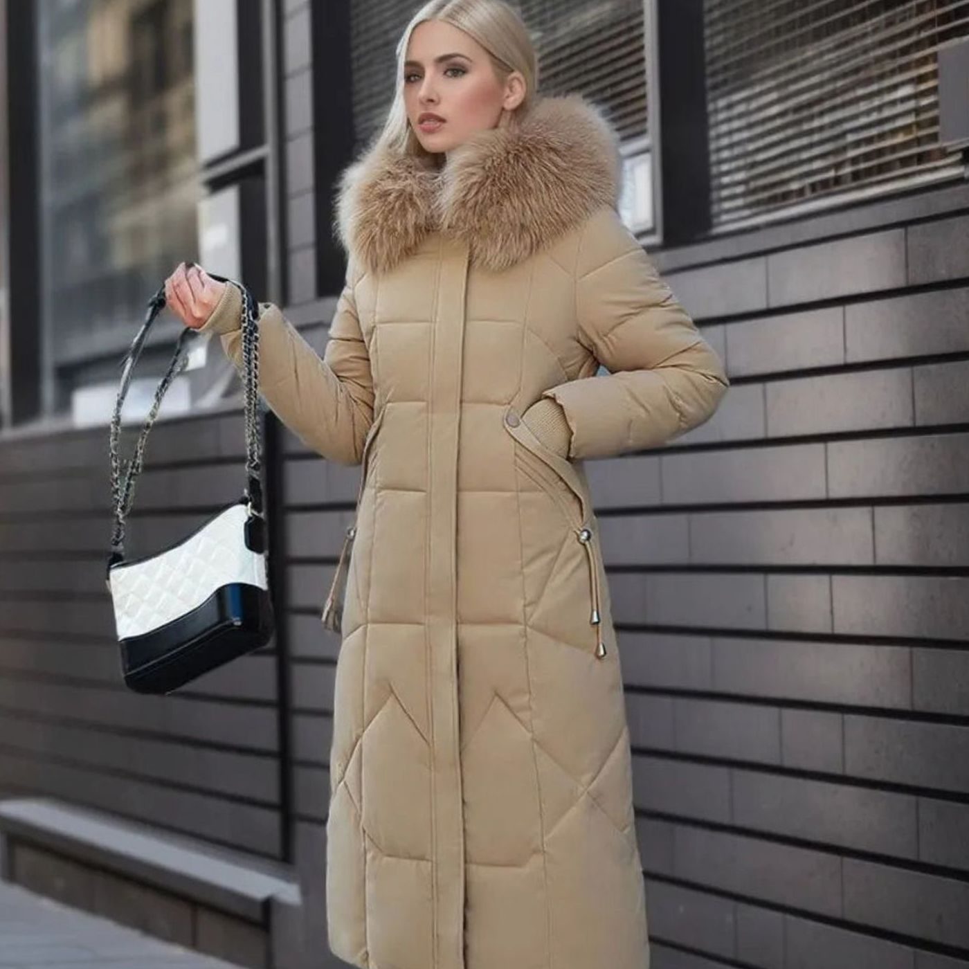 Women's Long Hooded Faux Fur Trim Quilted Coat