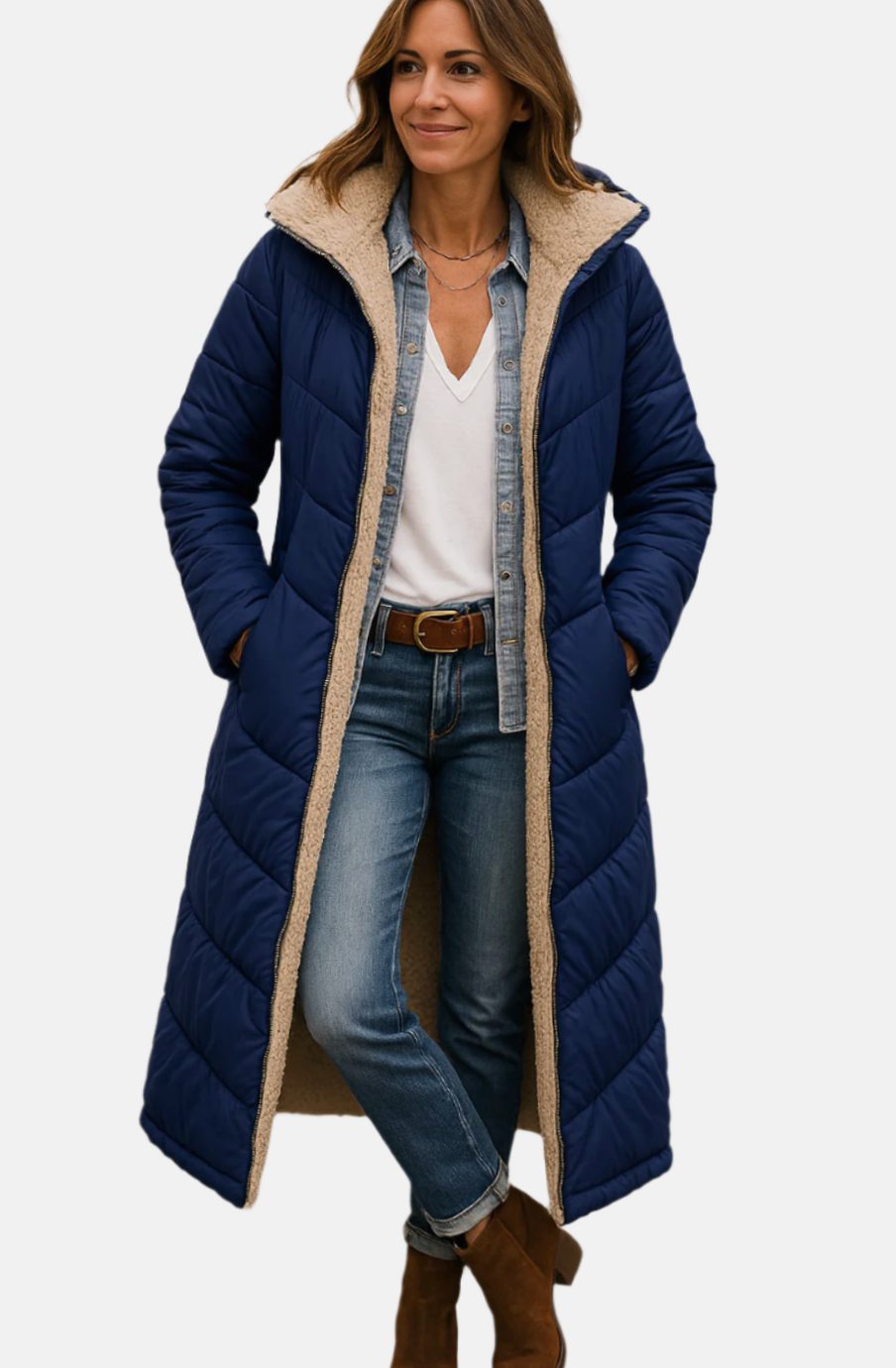 Women's Long Hooded Quilted Sherpa-Lined Winter Coat - Navy Blue