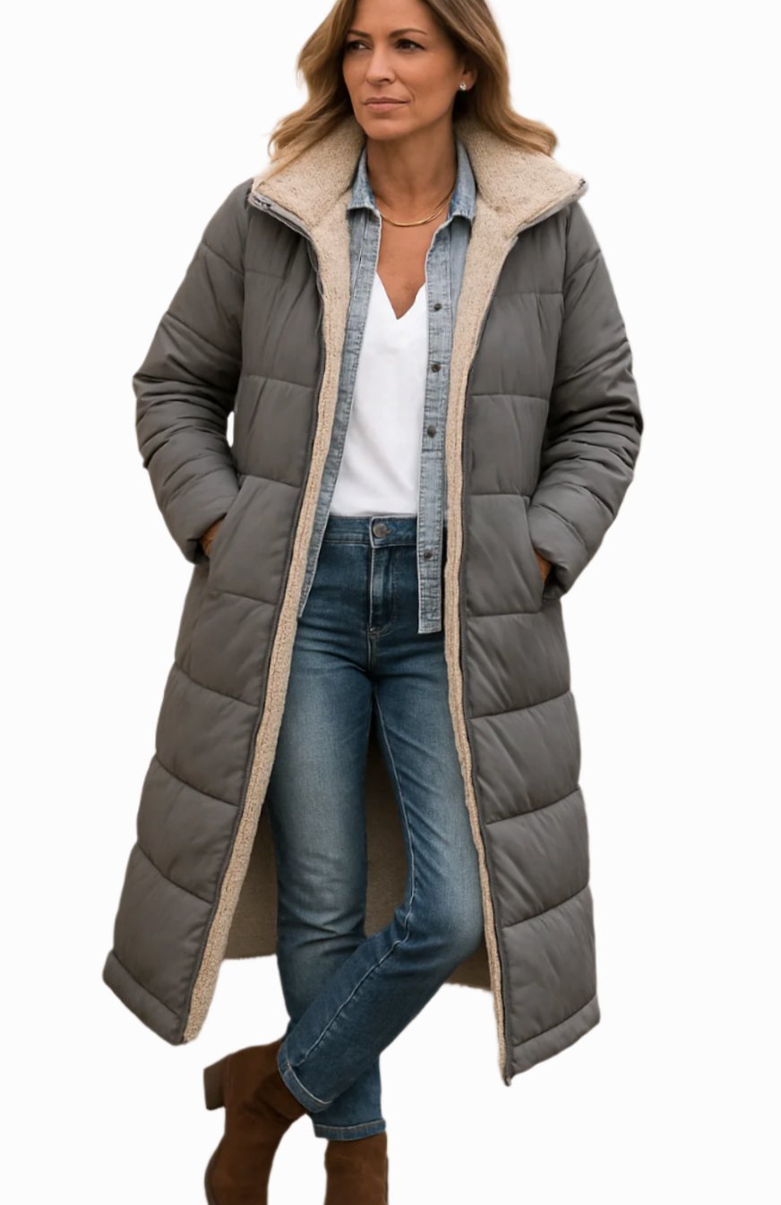 Women's Long Hooded Quilted Sherpa-Lined Winter Coat - Grey