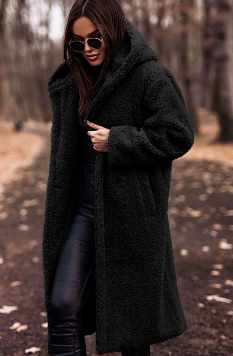 Women's Long Hooded Teddy Coat Relaxed-Fit Fluffy Overcoat - Black
