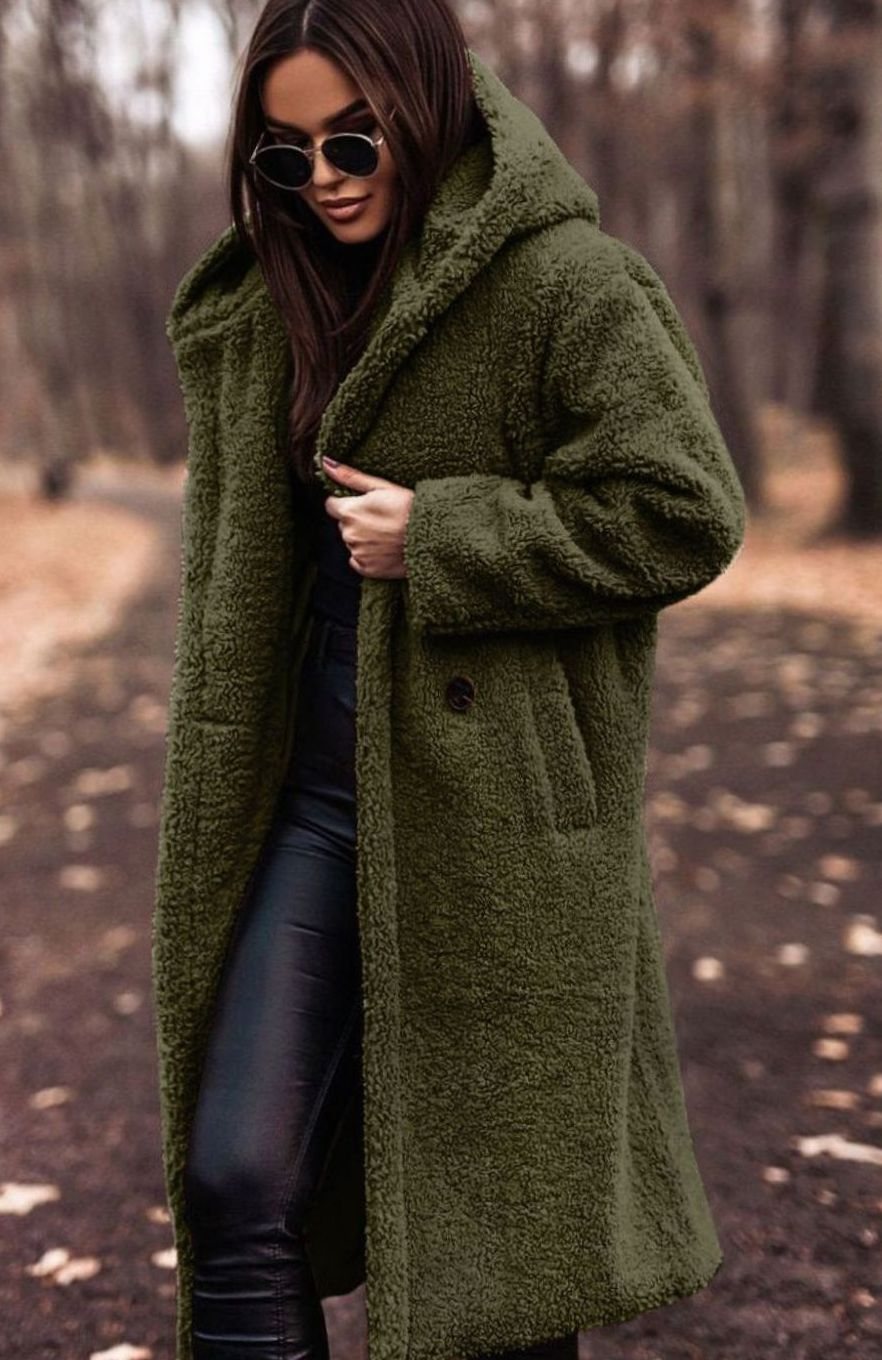 Women's Long Hooded Teddy Coat Relaxed-Fit Fluffy Overcoat - Dark Green
