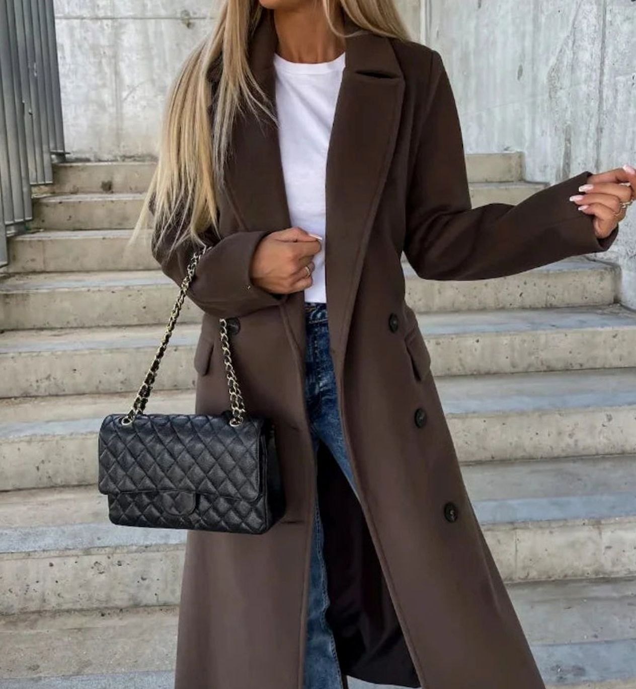 Women's Long Lapel Double-Breasted Button Front Coat - Dark Brown
