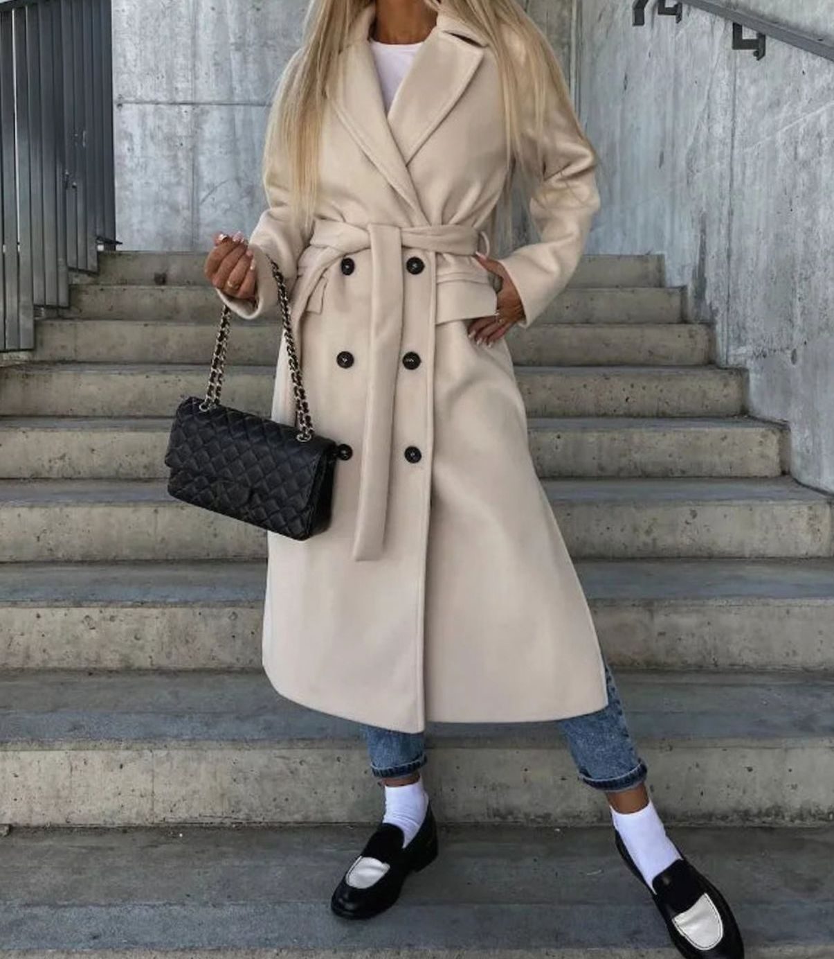 Women's Long Lapel Double-Breasted Button Front Coat - Khaki