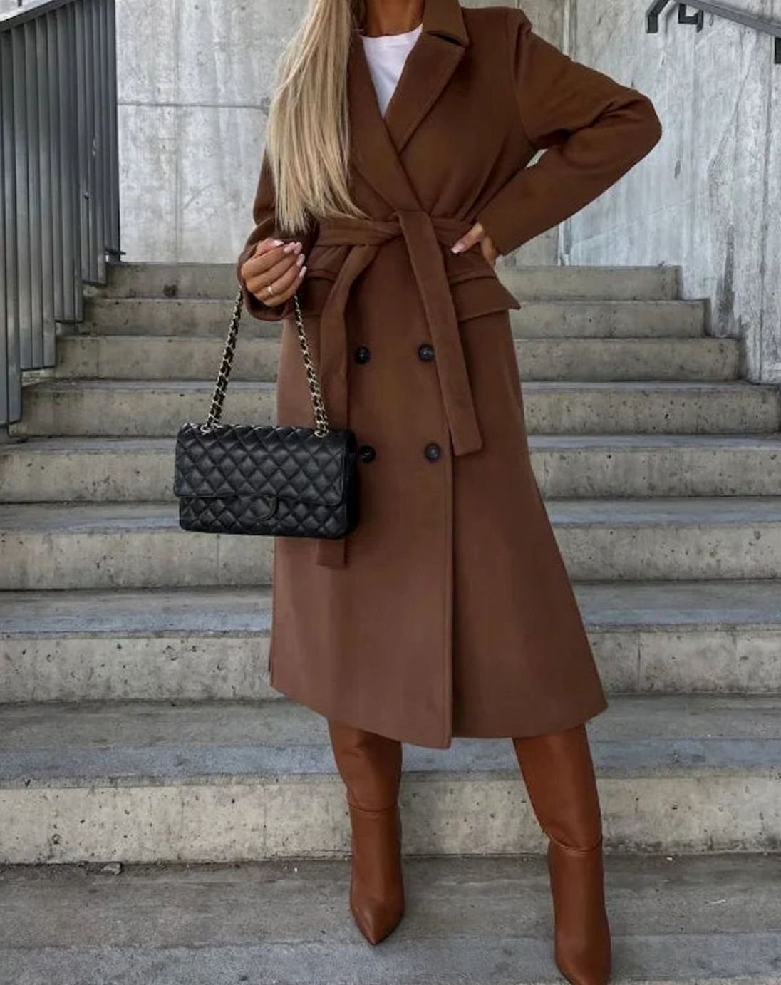 Women's Long Lapel Double-Breasted Button Front Coat - Brown