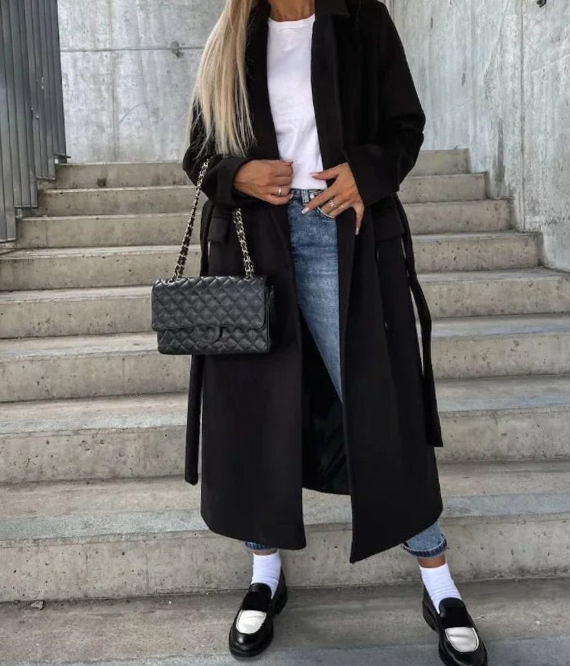Women's Long Lapel Double-Breasted Button Front Coat - Black