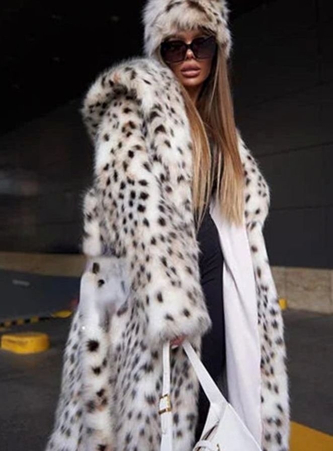 Women's Long Leopard Print Faux Fur Belted Overcoat - White