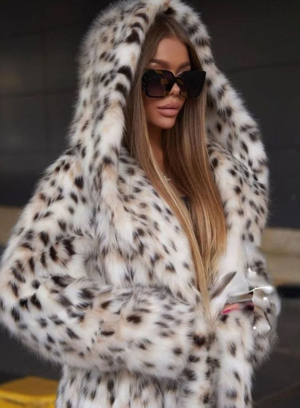 Women's Long Leopard Print Faux Fur Belted Overcoat