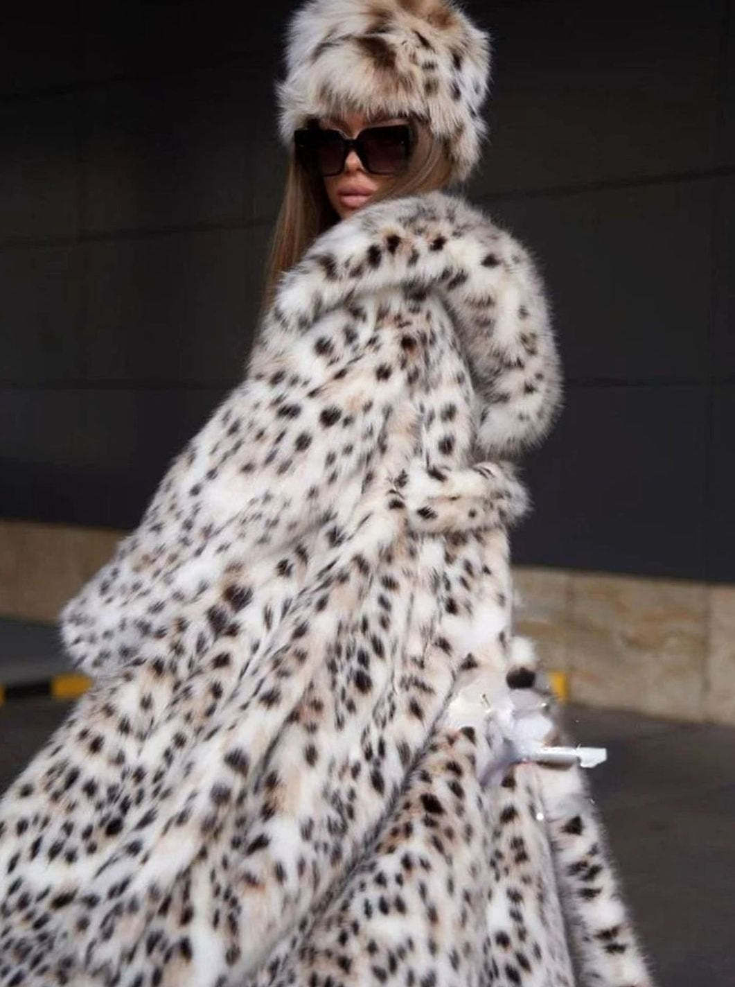 Women's Long Leopard Print Faux Fur Belted Overcoat