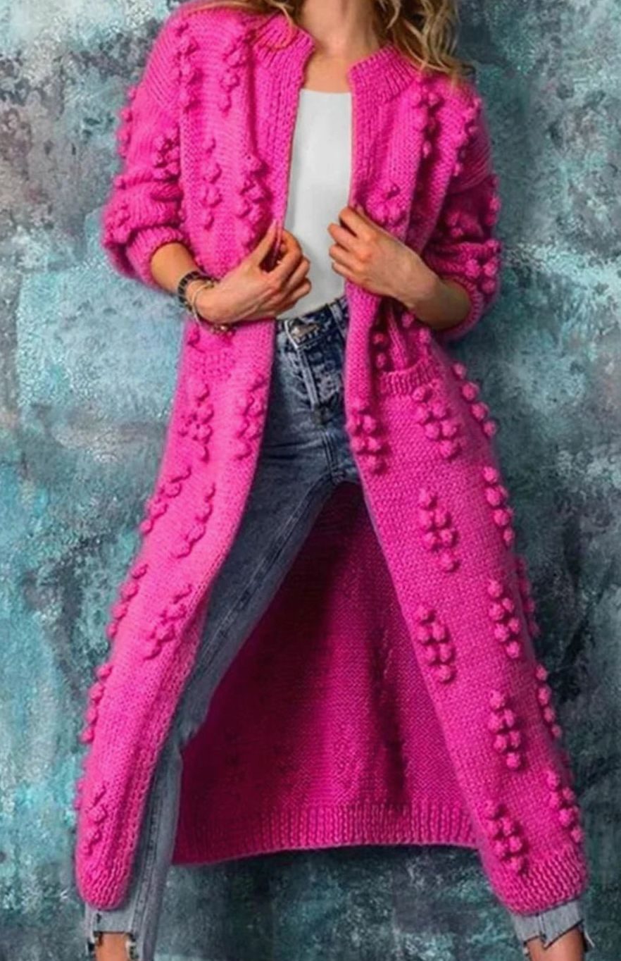 Women's Long Pom-Detail Open-Front Knitted Cardigan - Pink