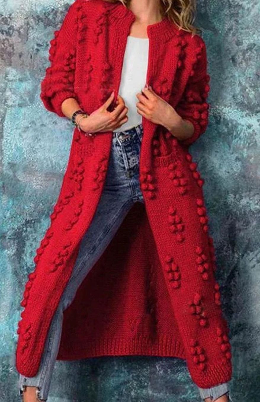 Women's Long Pom-Detail Open-Front Knitted Cardigan - Red