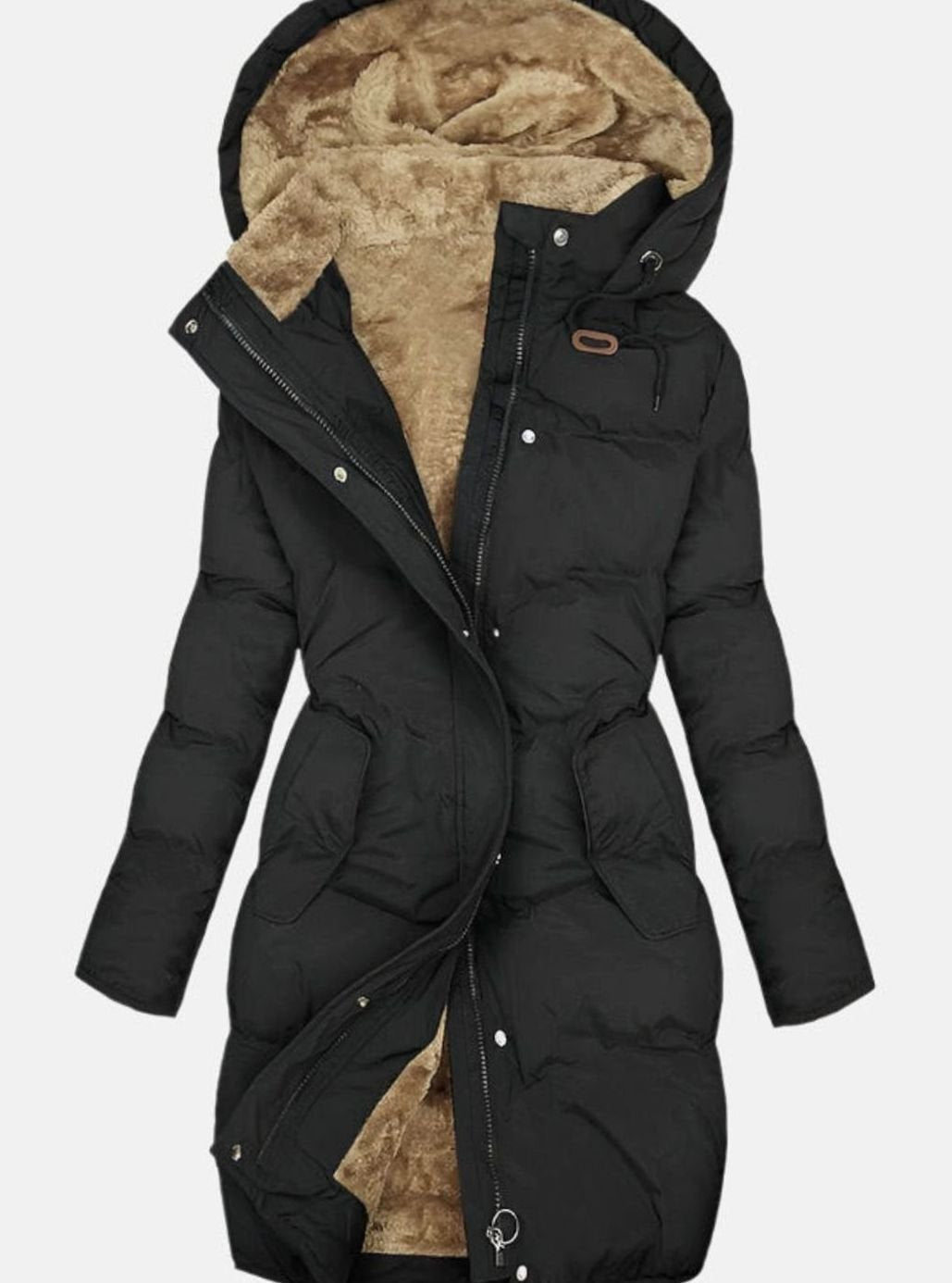 Women's Long Quilted Hooded Winter Coat Fleece Lined - Black