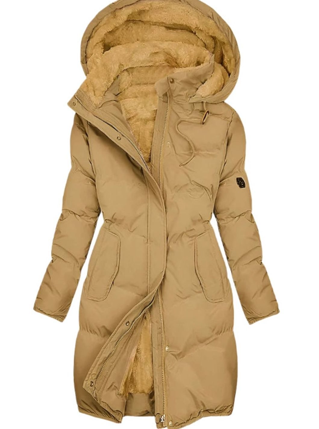Women's Long Quilted Hooded Winter Coat Fleece Lined - Yellow