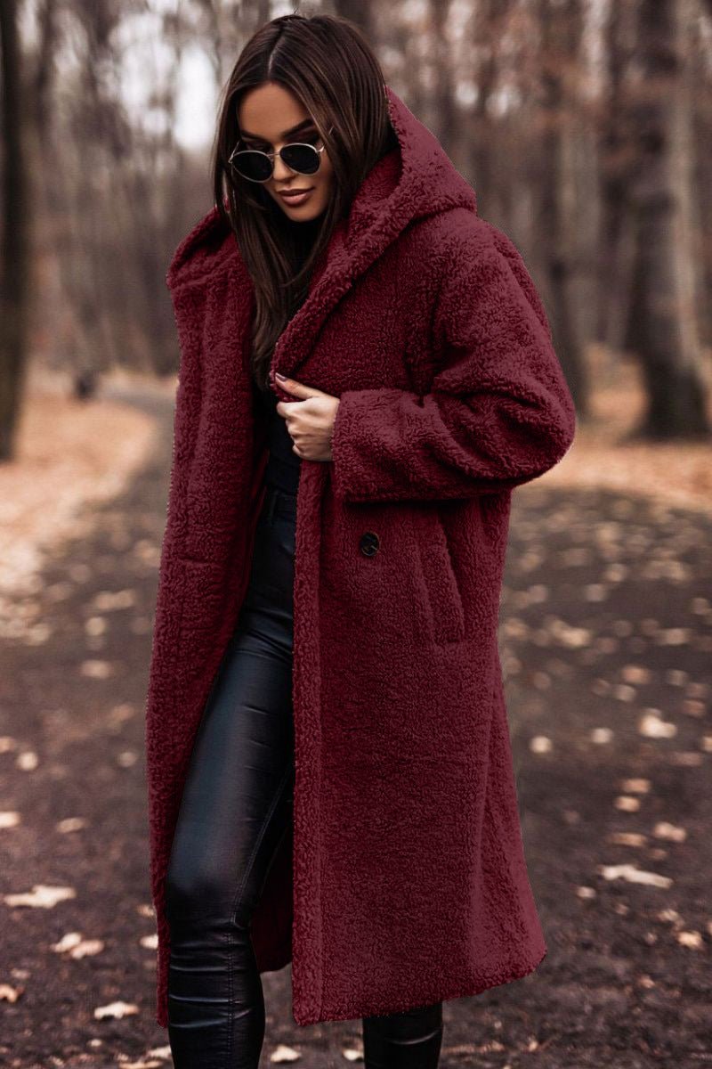 Women's Long Relaxed-Fit Teddy Fleece Winter Coat Jacket - Red