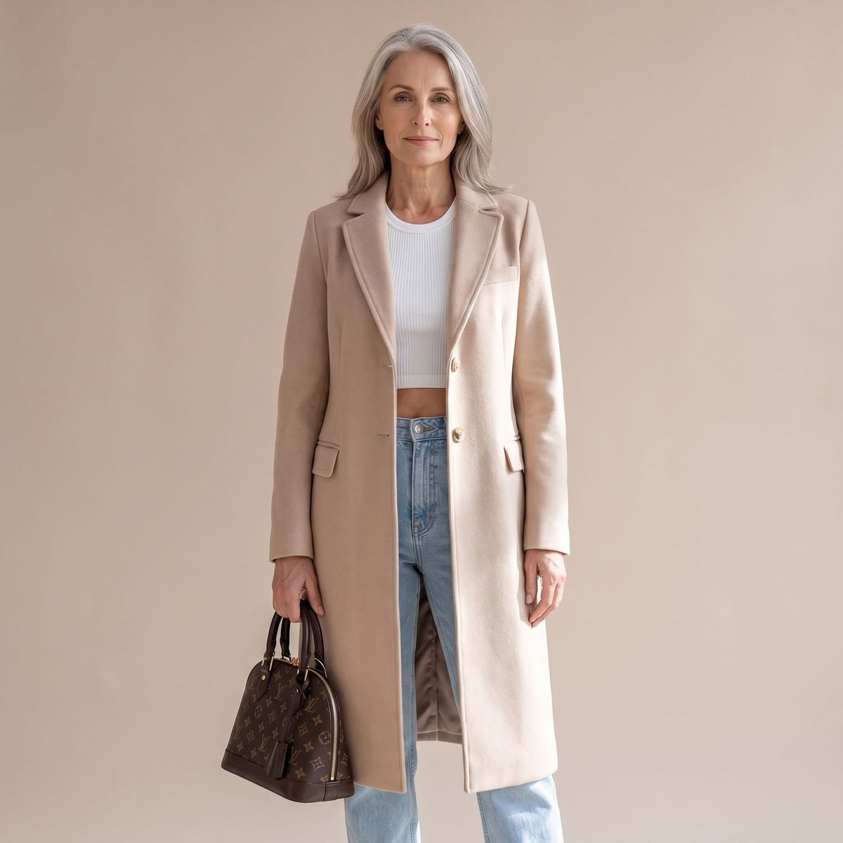 Women's Long Single-Breasted Tailored Wool Coat - Khaki
