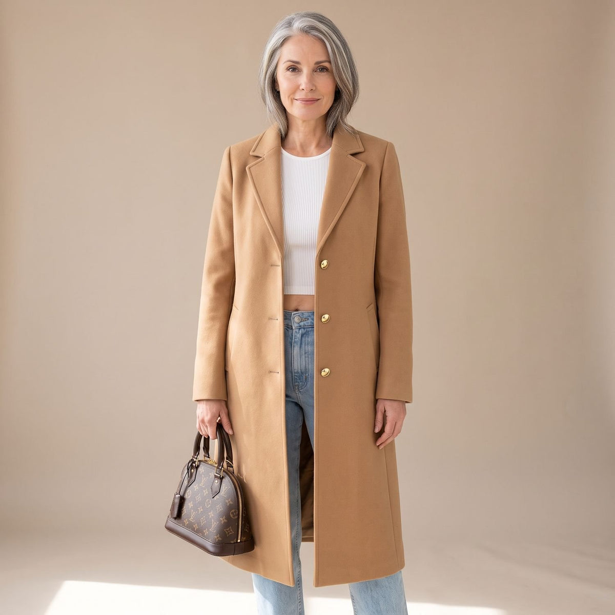 Women's Long Single-Breasted Tailored Wool Coat - Camel
