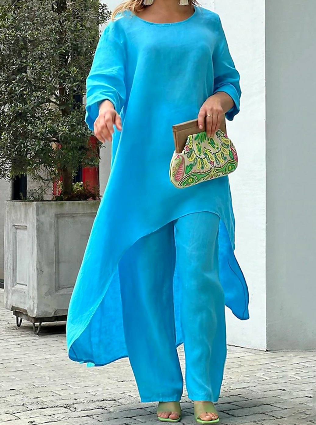 Women's Long-Sleeve Asymmetric Tunic Top Wide-Leg Trousers Two-Piece Set - Blue