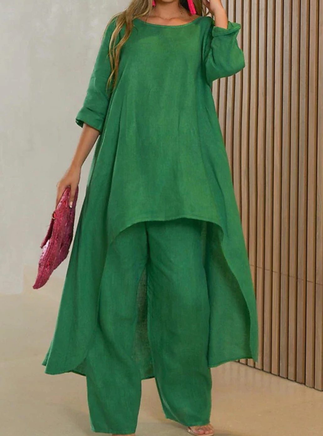 Women's Long-Sleeve Asymmetric Tunic Top Wide-Leg Trousers Two-Piece Set - Green