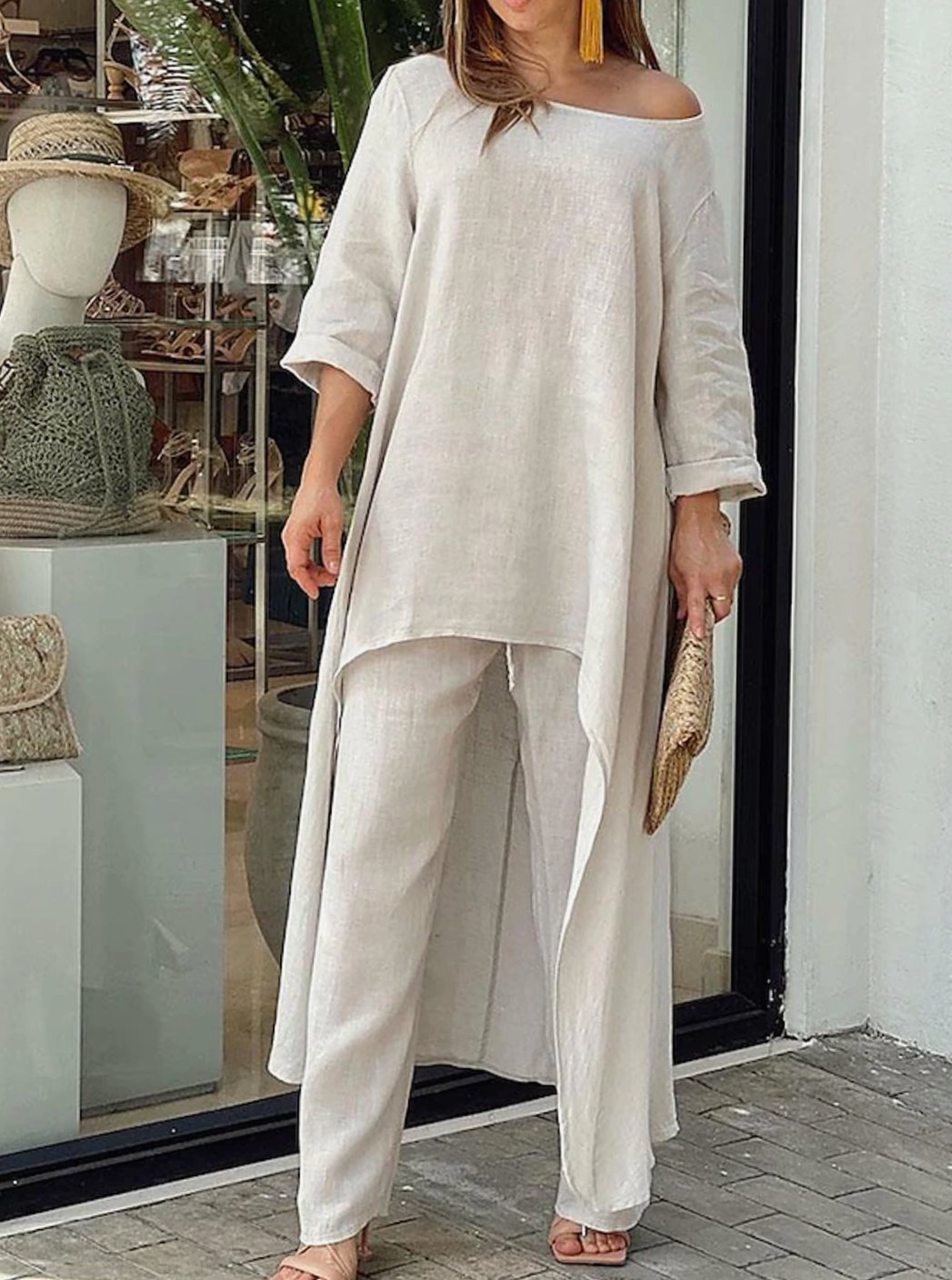 Women's Long-Sleeve Asymmetric Tunic Top Wide-Leg Trousers Two-Piece Set - Beige