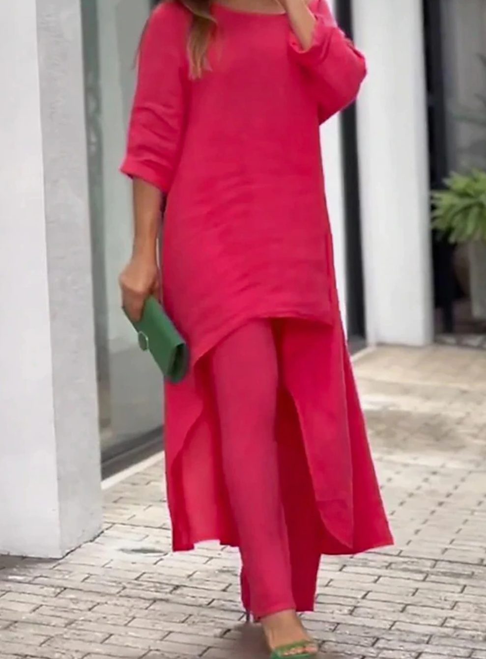 Women's Long-Sleeve Asymmetric Tunic Top Wide-Leg Trousers Two-Piece Set - Red