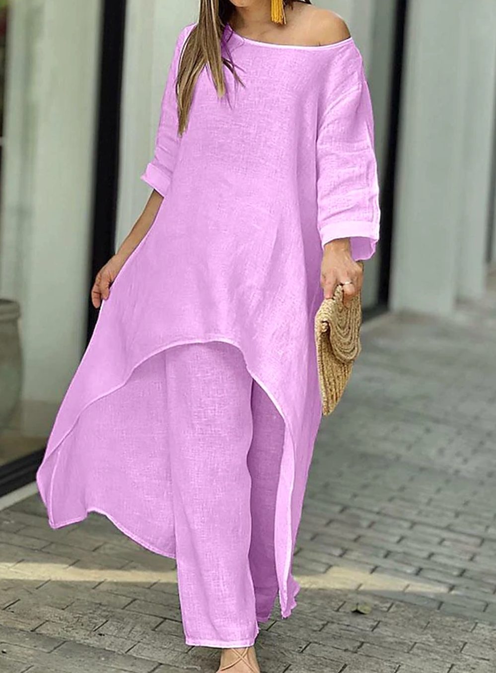Women's Long-Sleeve Asymmetric Tunic Top Wide-Leg Trousers Two-Piece Set - Purple