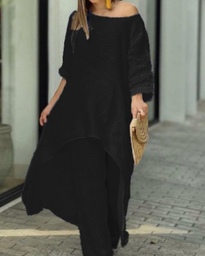 Women's Long-Sleeve Asymmetric Tunic Top Wide-Leg Trousers Two-Piece Set - Black