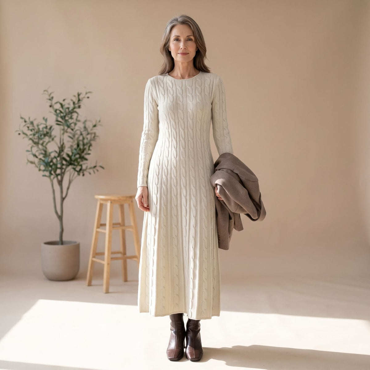 Women's Long Sleeve Cable-Knit Elegant Maxi Dress - Apricot