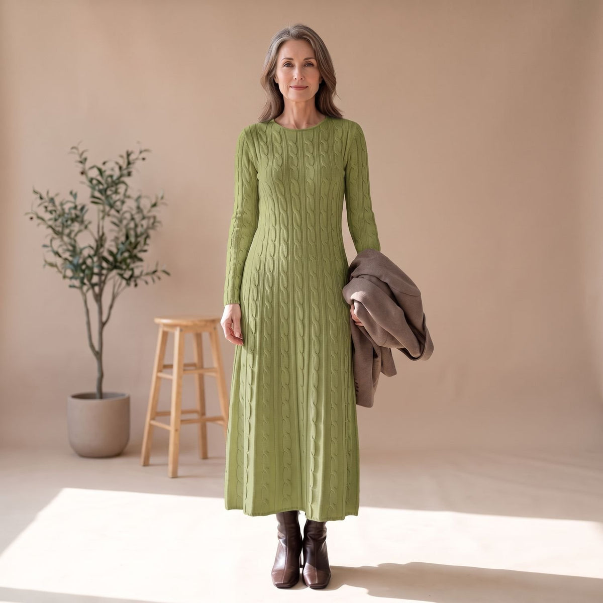 Women's Long Sleeve Cable-Knit Elegant Maxi Dress - Green