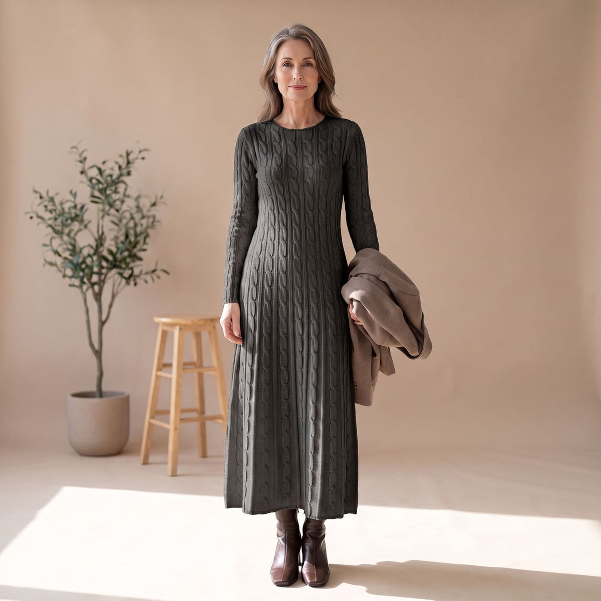 Women's Long Sleeve Cable-Knit Elegant Maxi Dress - Black