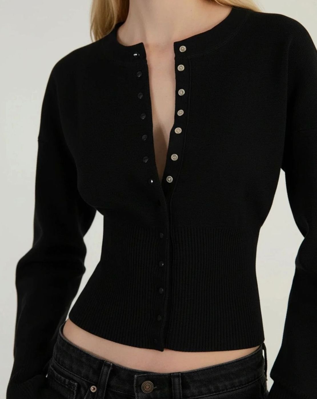 Women's Long Sleeve Cropped Cardigan Button-Front Ribbed Knit - Black