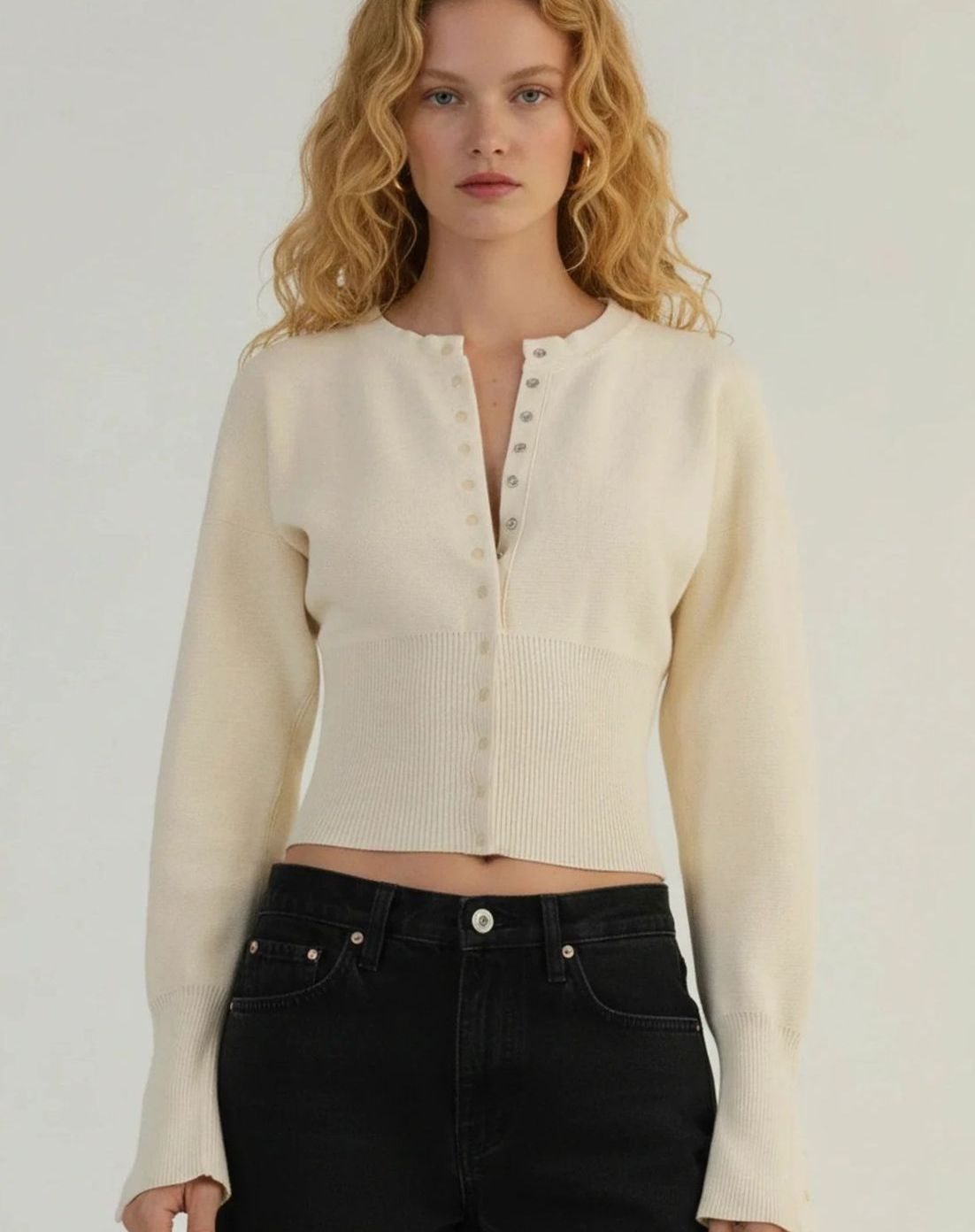 Women's Long Sleeve Cropped Cardigan Button-Front Ribbed Knit