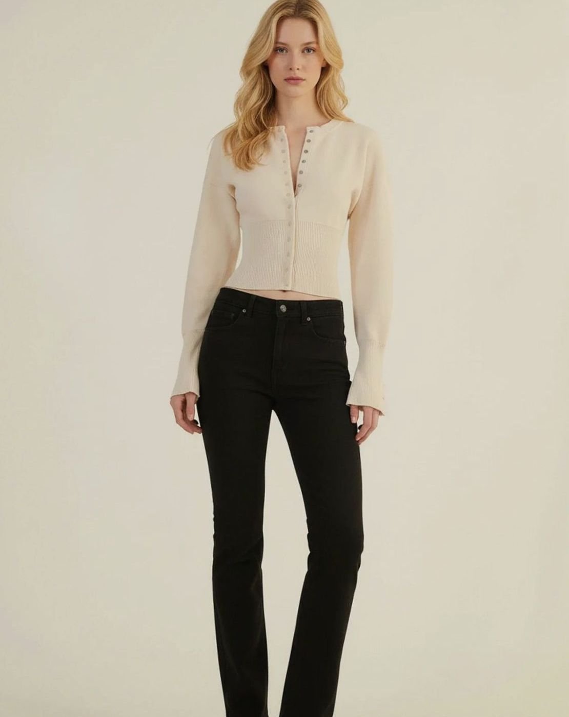 Women's Long Sleeve Cropped Cardigan Button-Front Ribbed Knit