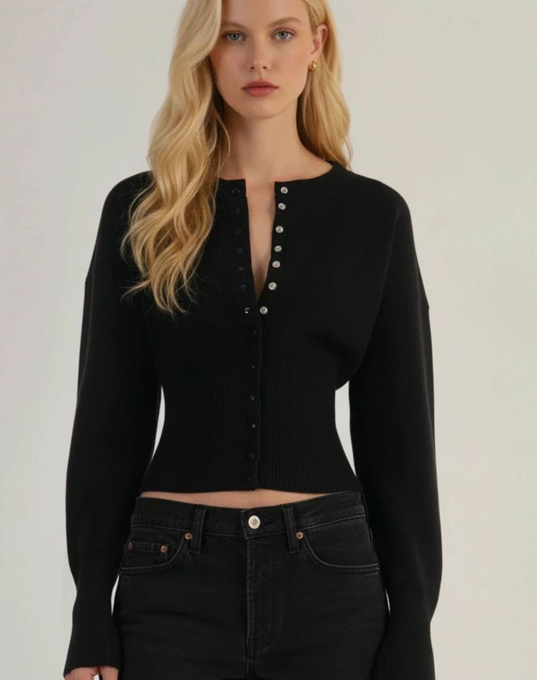 Women's Long Sleeve Cropped Cardigan Button-Front Ribbed Knit