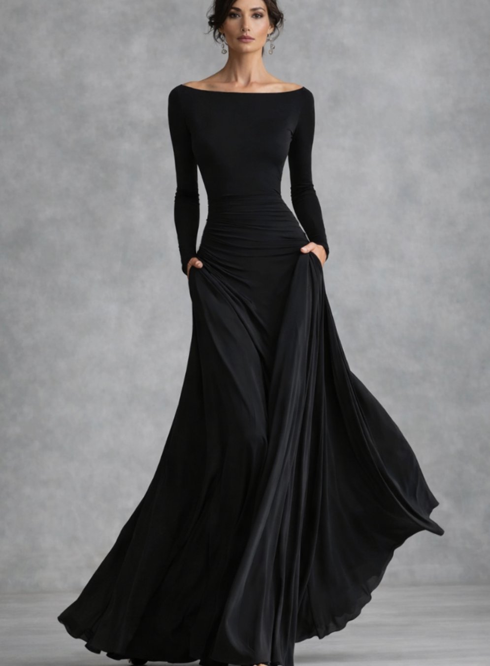 Women's Long Sleeve Draped Boat-Neck Maxi Dress - Black