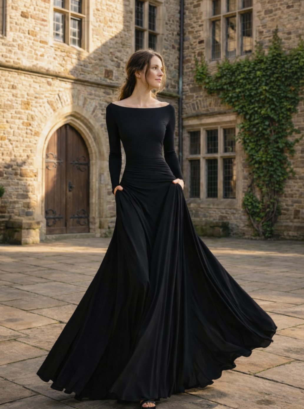 Women's Long Sleeve Draped Boat-Neck Maxi Dress