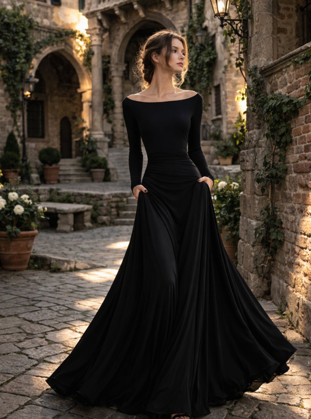 Women's Long Sleeve Draped Boat-Neck Maxi Dress