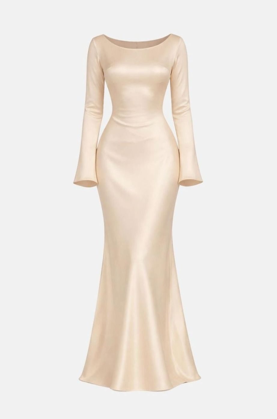 Women's Long Sleeve Fitted Formal Satin Mermaid Maxi Dress - Beige