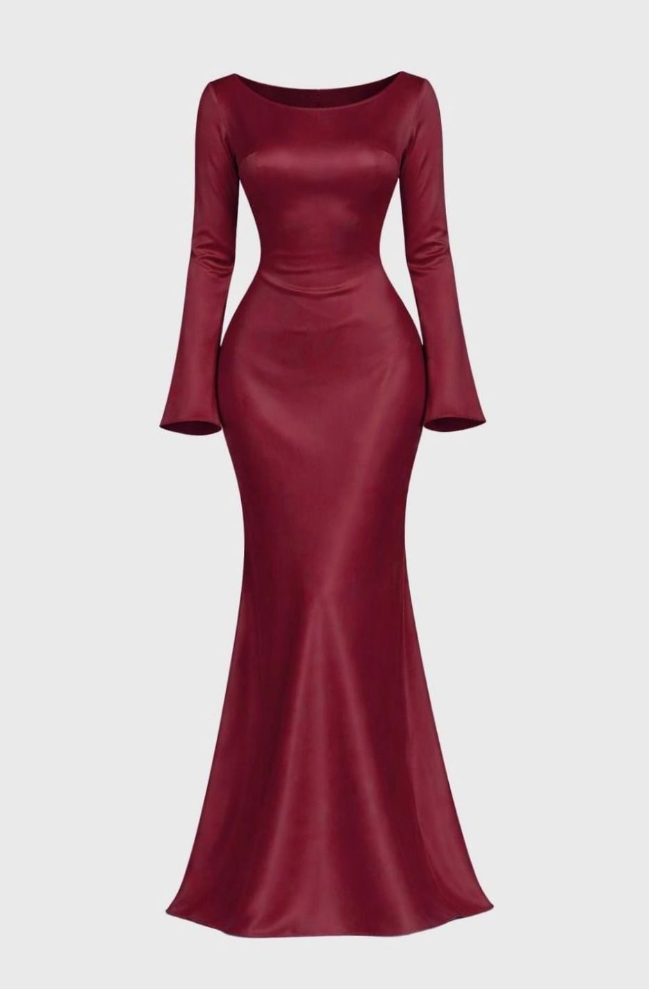 Women's Long Sleeve Fitted Formal Satin Mermaid Maxi Dress - Red