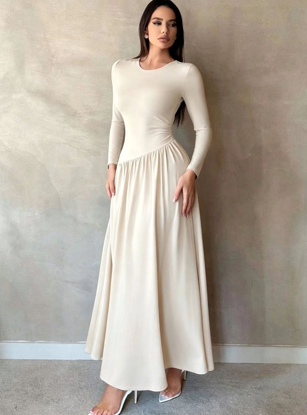 Women's Long Sleeve Gathered-Waist Flared Maxi Dress - Cream