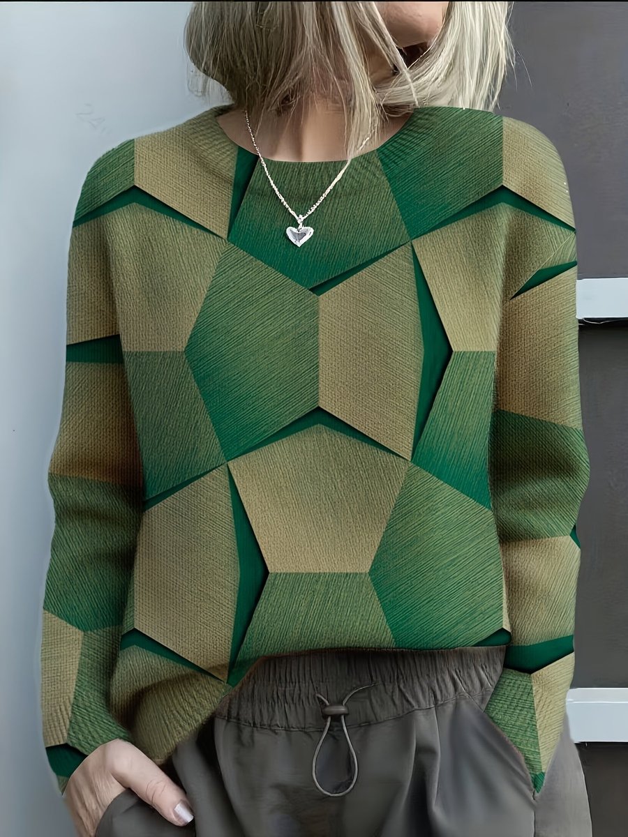 Women's Long Sleeve Geometric Print Knit Sweater Round Neck - Green