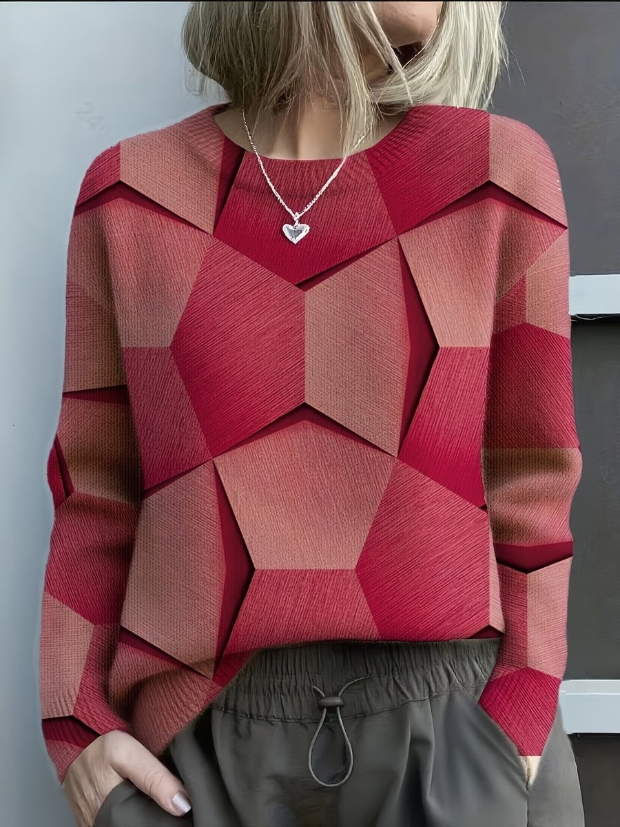 Women's Long Sleeve Geometric Print Knit Sweater Round Neck - Red